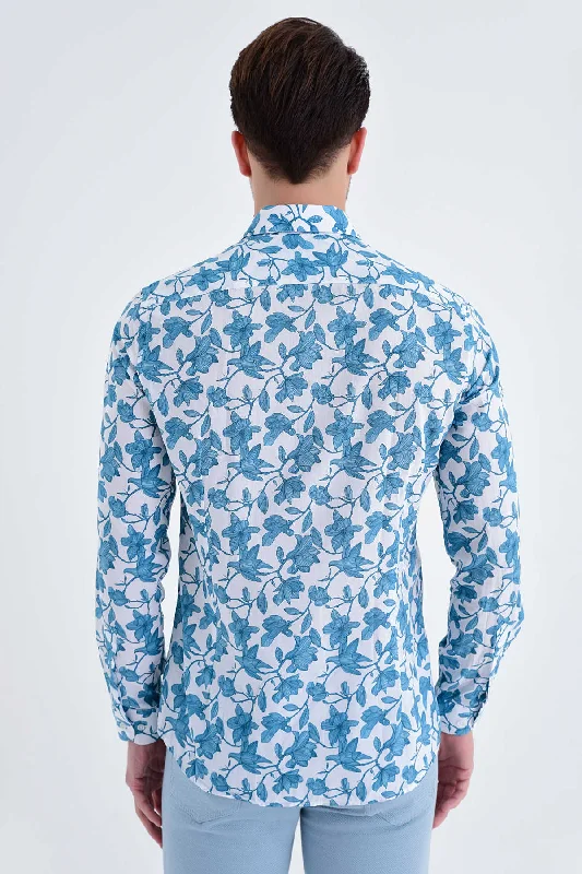 Slim Fit Long Sleeve Printed Cotton Casual Shirt, Turquoise B.