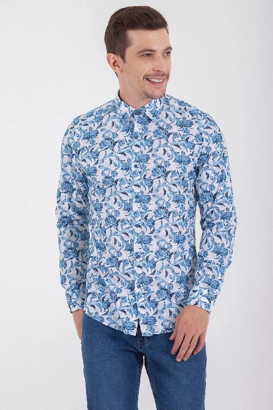 Slim Fit Long Sleeve Printed Cotton Light Blue Casual Shirt