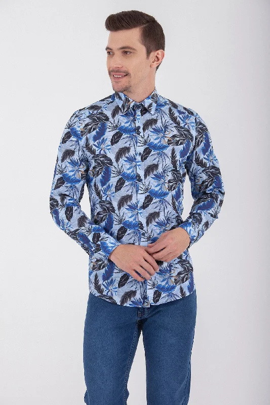 Slim Fit Long Sleeve Printed Cotton Light Navy Casual Shirt