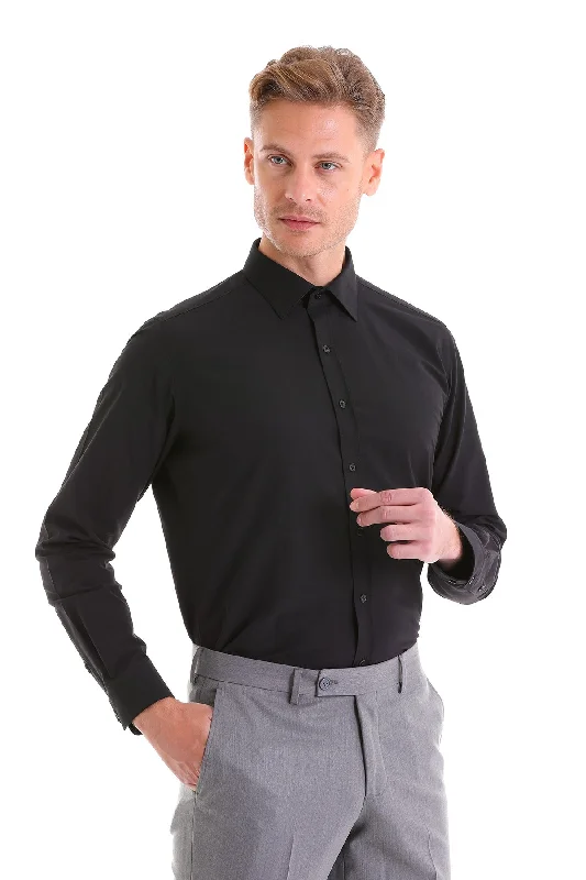 Slim Fit Plain Cotton Blend Dress Shirt, Black