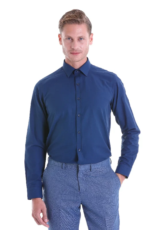 Slim Fit Plain Cotton Blend Dress Shirt, Navy