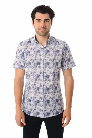 Slim Fit Short Sleeve Printed Cotton Casual Shirt, Navy B.