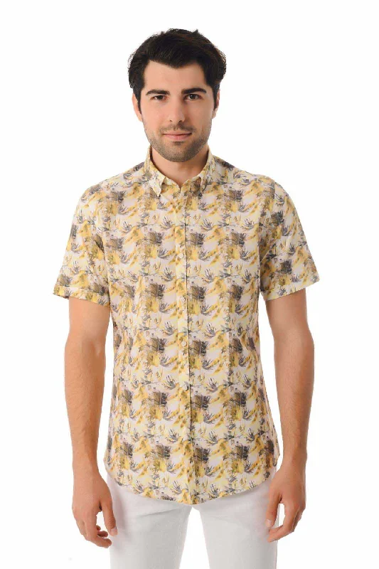 Slim Fit Short Sleeve Printed Cotton Casual Shirt, Yellow B.