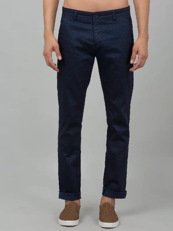 Men's Casual Flat front Navy Blue Checks Trousers