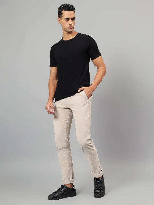 Men's Beige Self-Design Non-Pleated Casual Trouser