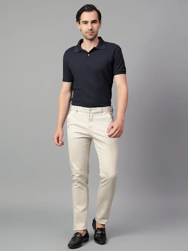 Men's Beige Self Design Non-Pleated Casual Trouser