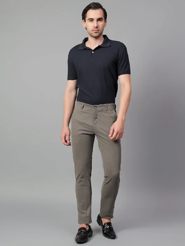 Men's Olive Green Self Design Non-Pleated Casual Trouser