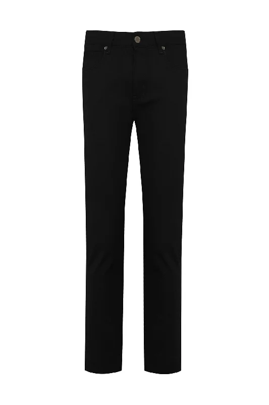 Slim Fit 5 Pocket Low Waist Unpleated Cotton Black Casual Pants, Black D.