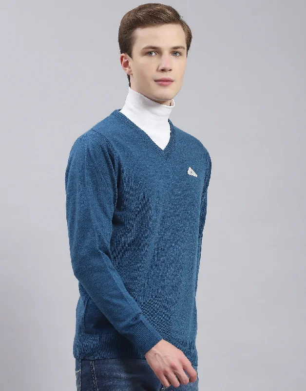 Men Blue Solid V Neck Full Sleeve Pullover