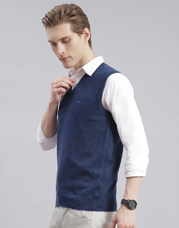 Men Blue Solid V Neck Sleeveless Sweater