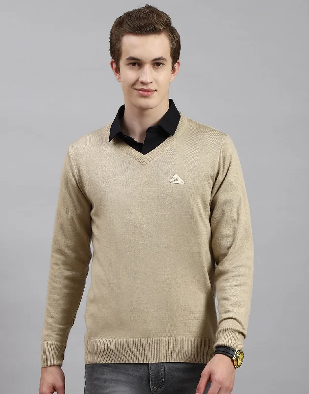 Men Camel Brown Solid V Neck Full Sleeve Pullover