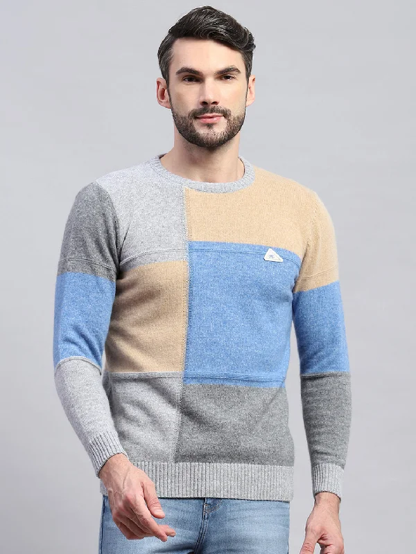 Men Grey Colourblocked Round Neck Full Sleeve Pullover