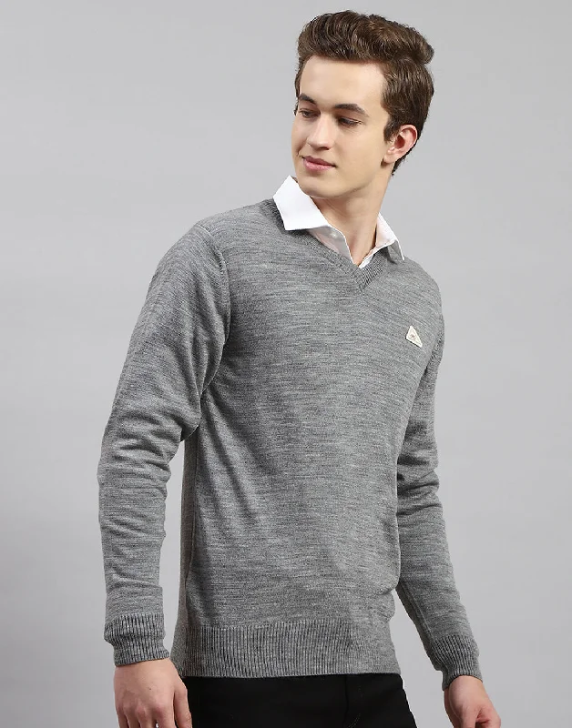 Men Grey Solid V Neck Full Sleeve Pullover