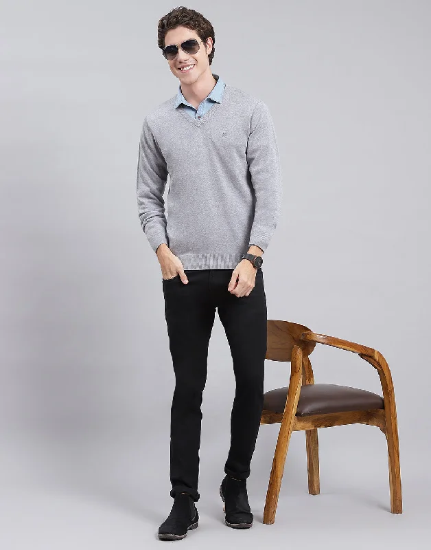 Men Grey Solid V Neck Full Sleeve Pullover