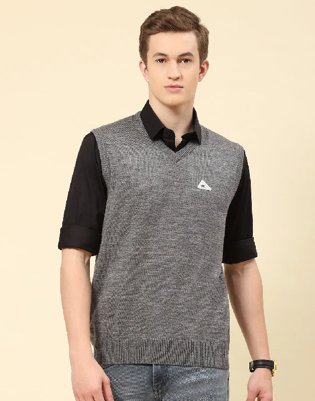 Men Grey Solid V Neck Sleeveless Sweater