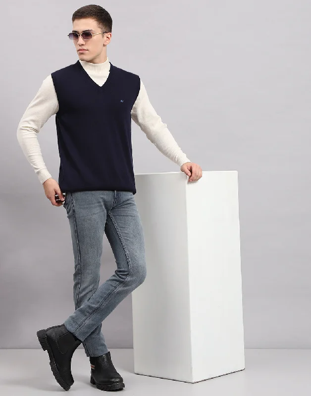 Men Navy Blue Solid V Neck Sleeveless Sweater