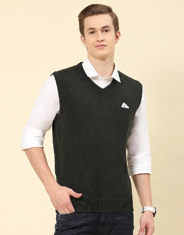 Men Olive Solid V Neck Sleeveless Sweater