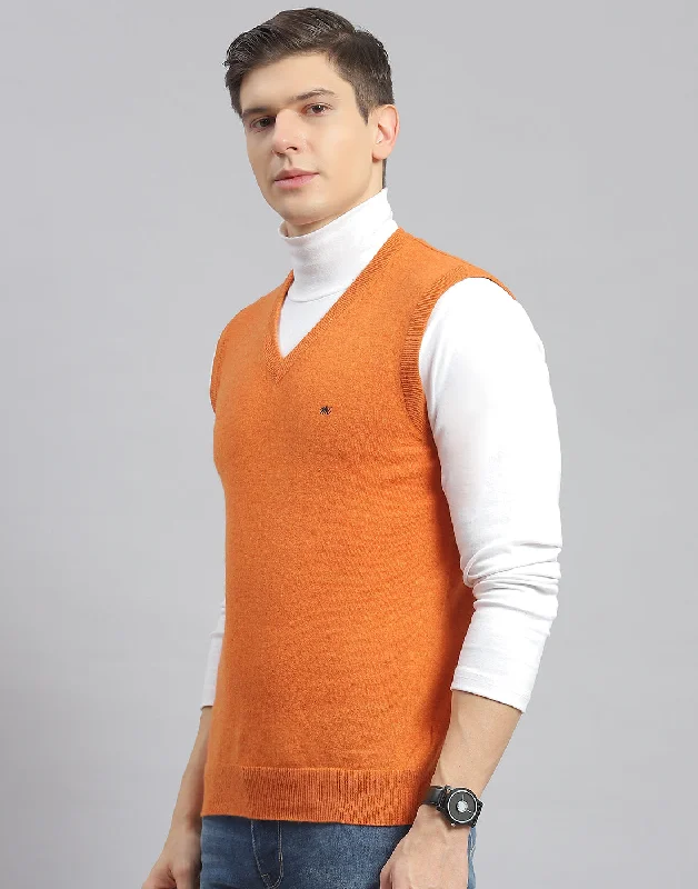 Men Orange Solid V Neck Sleeveless Sweater