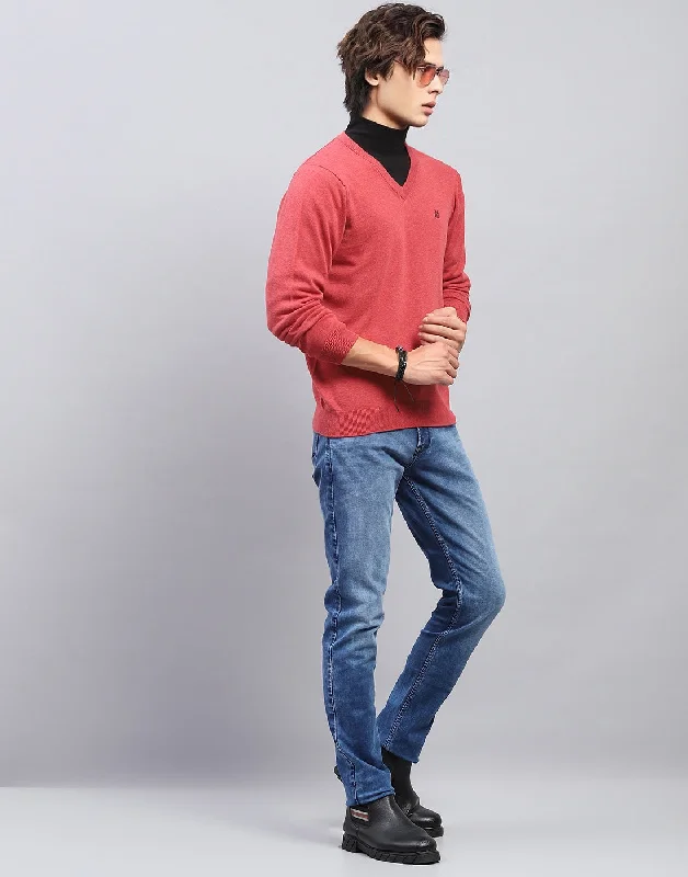 Men Pink Solid V Neck Full Sleeve Pullover