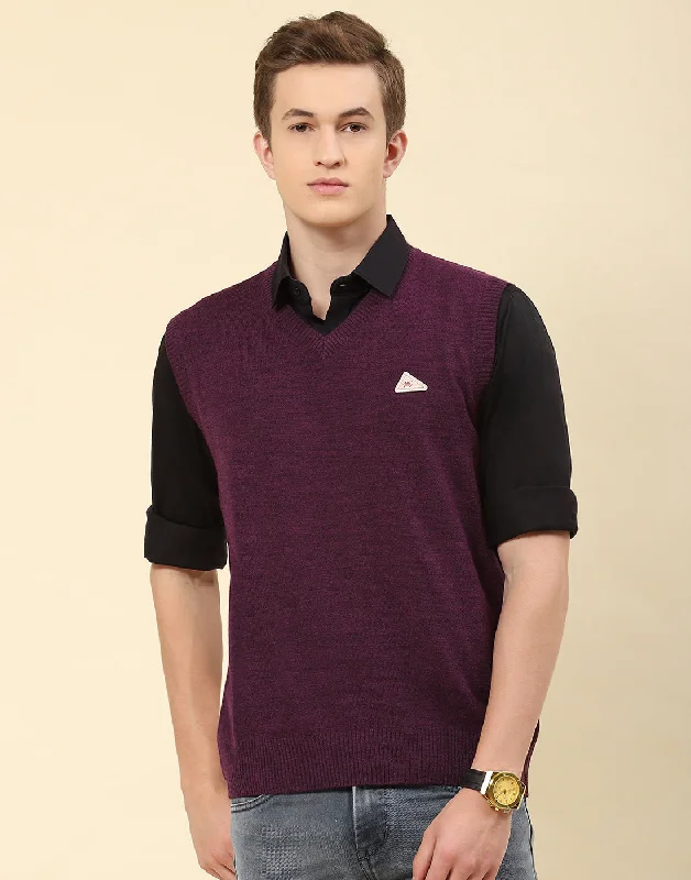 Men Purple Solid V Neck Sleeveless Sweater