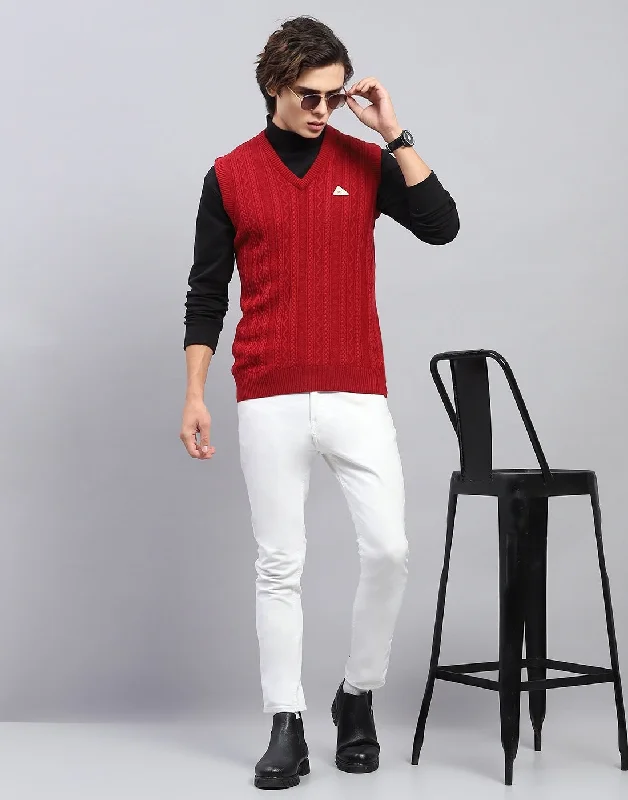 Men Red Self Design V Neck Sleeveless Sweater