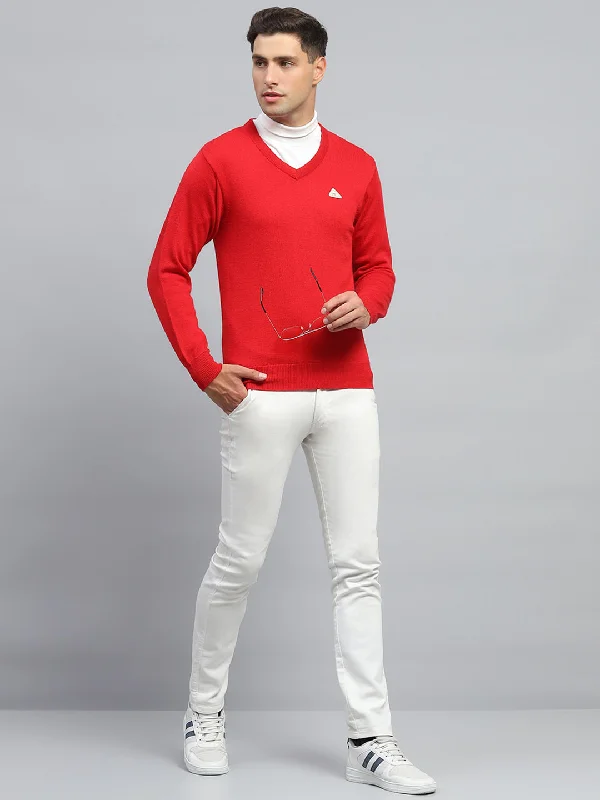 Men Red Solid V Neck Full Sleeve Pullover