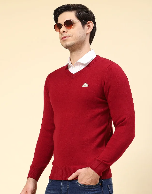 Men Red Solid V Neck Full Sleeve Pullover